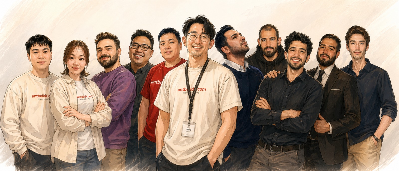 Potret pasukan Antbuildz yang diilustrasikan dalam gaya lakaran berwarna tangan